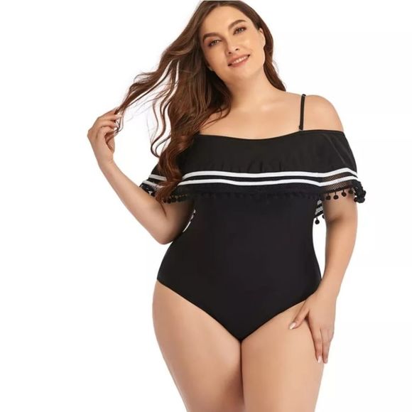 Women plus size swim suit one piece solid black large big bathing suit beach wea - Picture 3 of 6